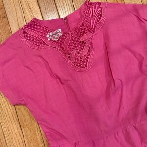 VTG Pink Lace Neck Detail Ramie/Linen Casual Midi Dress matching jacket easter